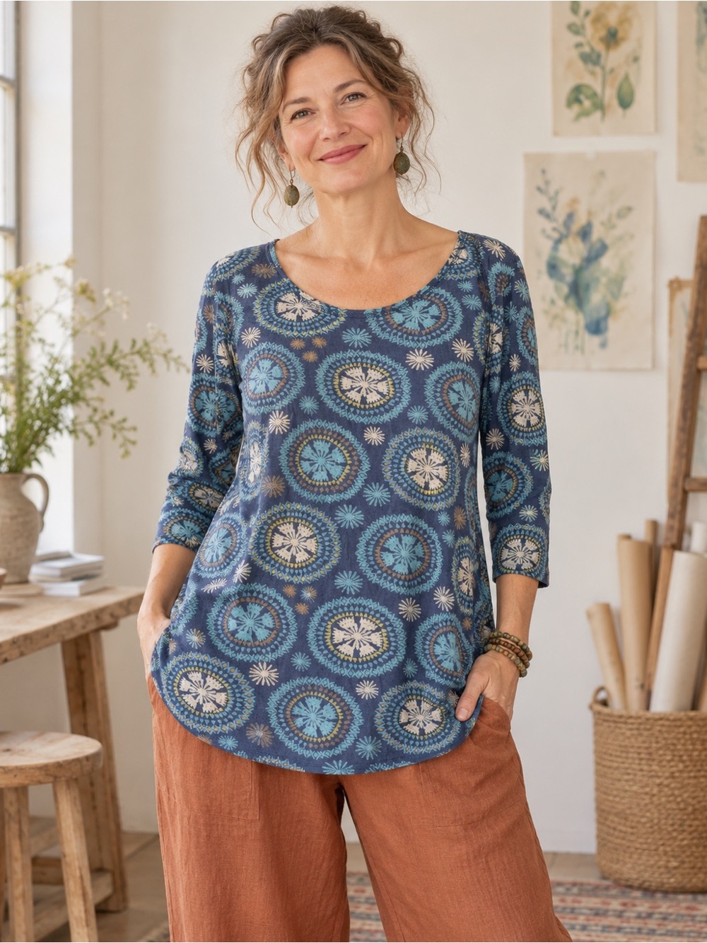 Gudrun Sjoden Blue Medallion Print Modal Tunic Top 3/4 Sleeve Size Small